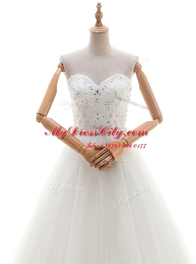 Fancy White Lace Up Sweetheart Beading and Appliques Bridal Gown Tulle Sleeveless Brush Train