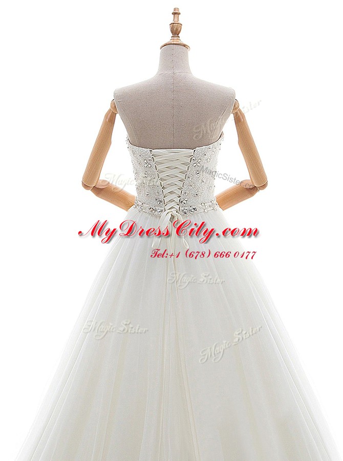 Fancy White Lace Up Sweetheart Beading and Appliques Bridal Gown Tulle Sleeveless Brush Train