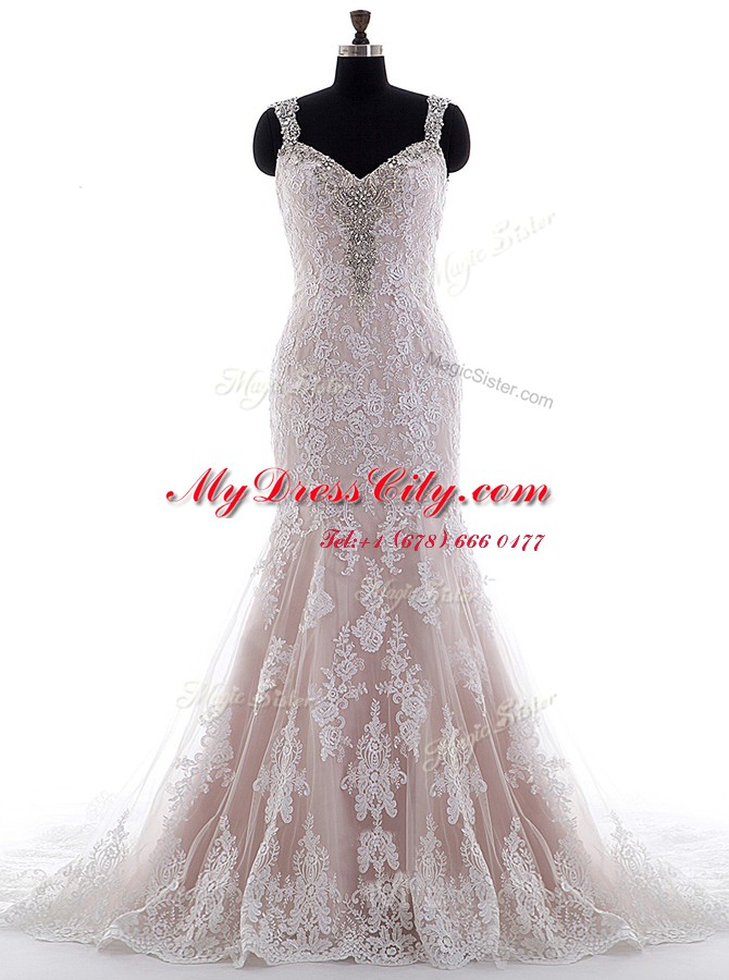 With Train White Wedding Gowns Tulle and Lace Brush Train Sleeveless Beading and Lace