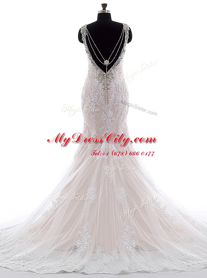 With Train White Wedding Gowns Tulle and Lace Brush Train Sleeveless Beading and Lace