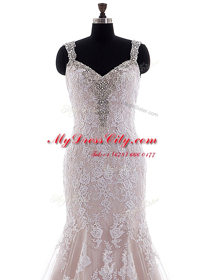 With Train White Wedding Gowns Tulle and Lace Brush Train Sleeveless Beading and Lace