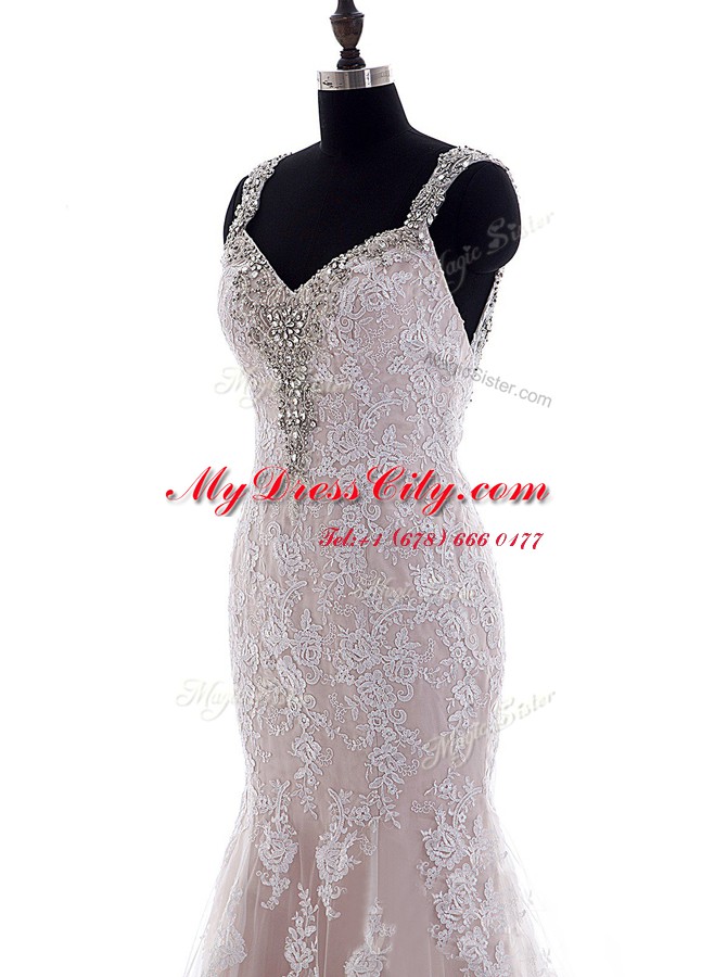 With Train White Wedding Gowns Tulle and Lace Brush Train Sleeveless Beading and Lace