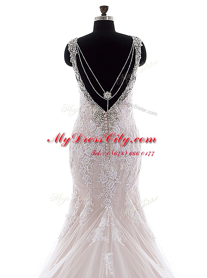 With Train White Wedding Gowns Tulle and Lace Brush Train Sleeveless Beading and Lace