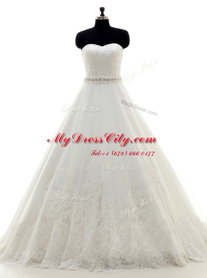 White Lace Up Sweetheart Beading and Lace Wedding Gowns Lace Sleeveless Brush Train