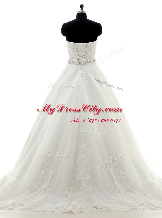 White Lace Up Sweetheart Beading and Lace Wedding Gowns Lace Sleeveless Brush Train