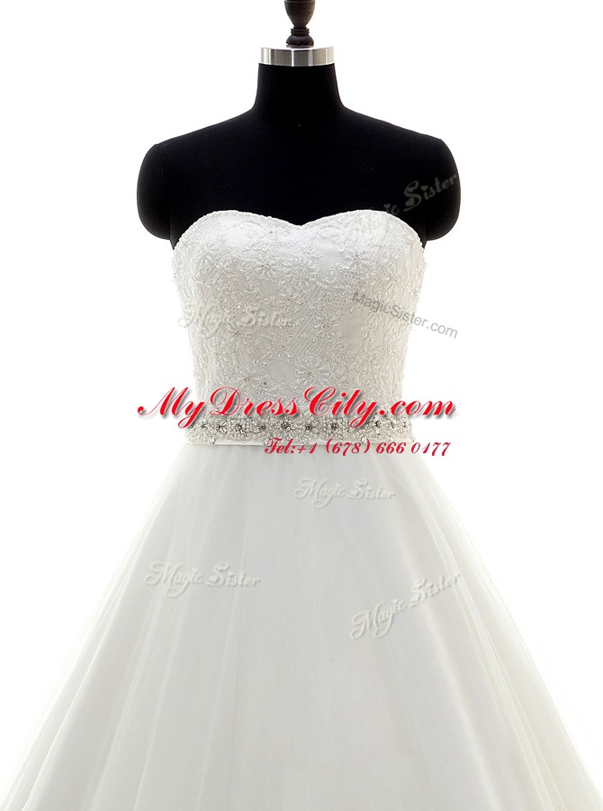 White Lace Up Sweetheart Beading and Lace Wedding Gowns Lace Sleeveless Brush Train