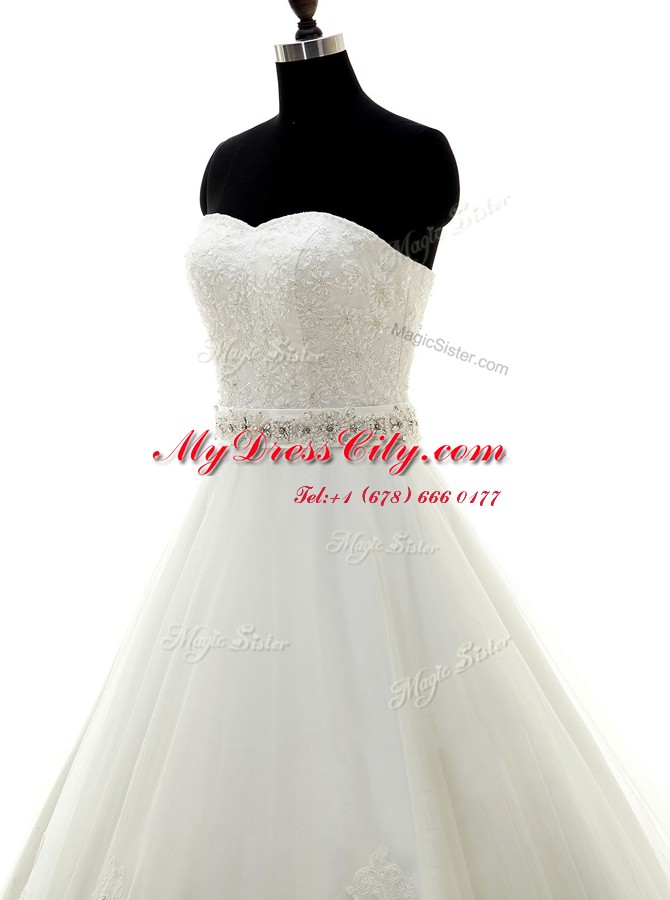 White Lace Up Sweetheart Beading and Lace Wedding Gowns Lace Sleeveless Brush Train