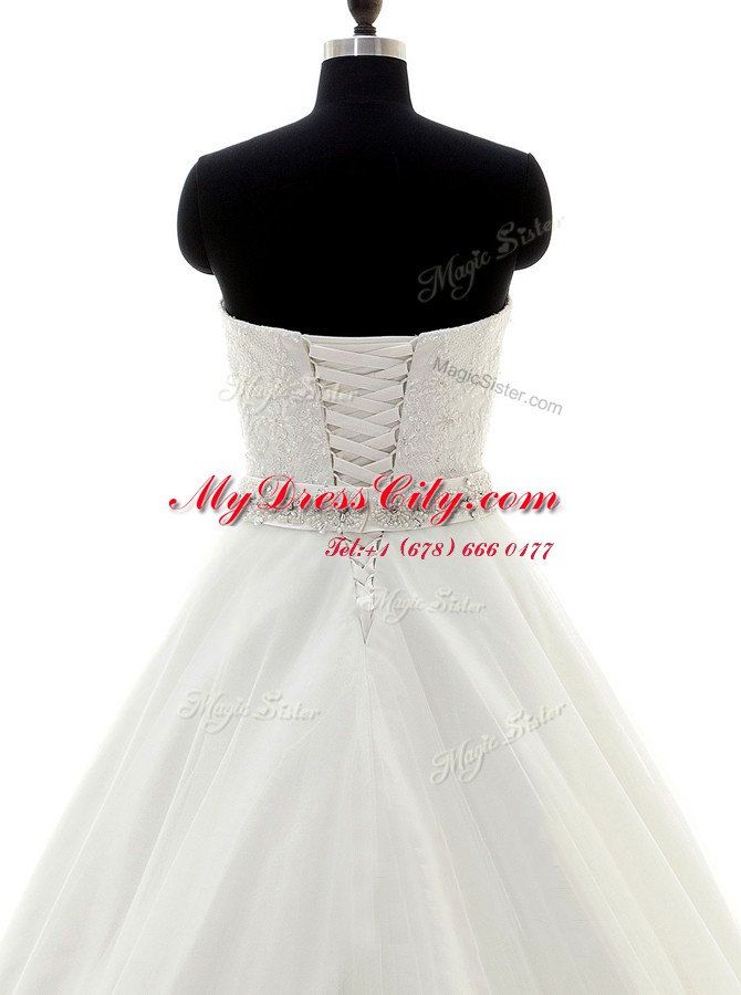 White Lace Up Sweetheart Beading and Lace Wedding Gowns Lace Sleeveless Brush Train