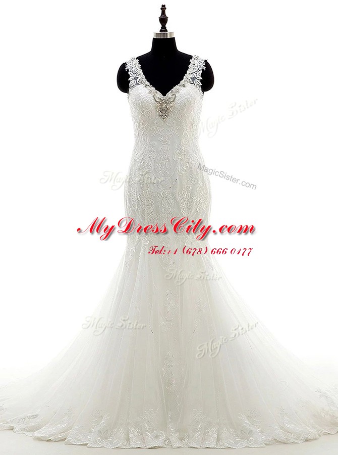 Mermaid Sleeveless Tulle and Lace Brush Train Backless Wedding Gown in White with Beading