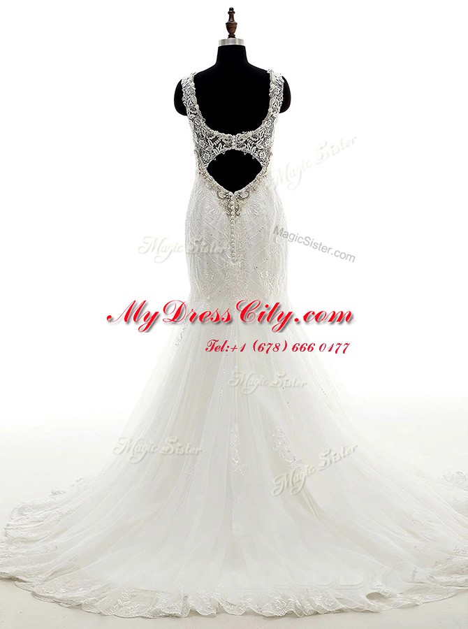 Mermaid Sleeveless Tulle and Lace Brush Train Backless Wedding Gown in White with Beading