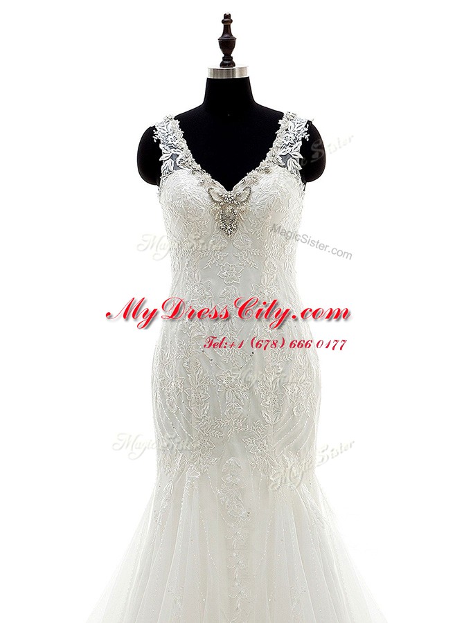 Mermaid Sleeveless Tulle and Lace Brush Train Backless Wedding Gown in White with Beading