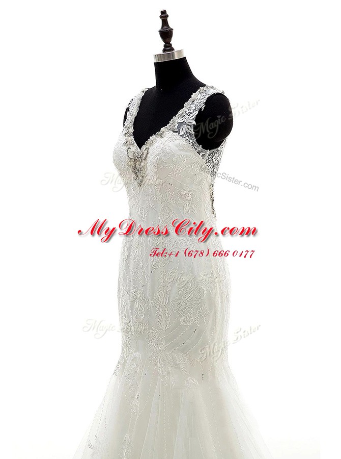 Mermaid Sleeveless Tulle and Lace Brush Train Backless Wedding Gown in White with Beading