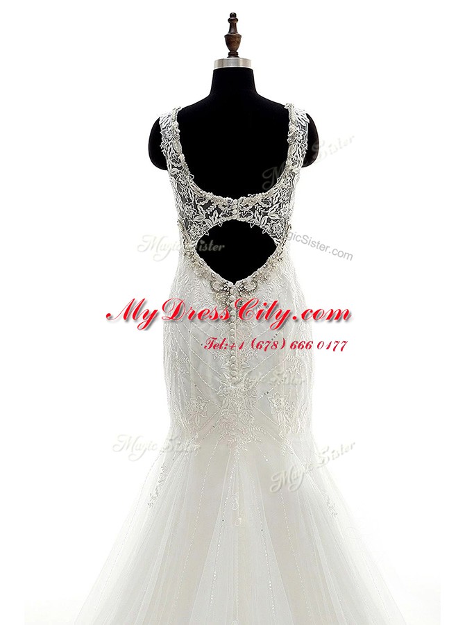 Mermaid Sleeveless Tulle and Lace Brush Train Backless Wedding Gown in White with Beading