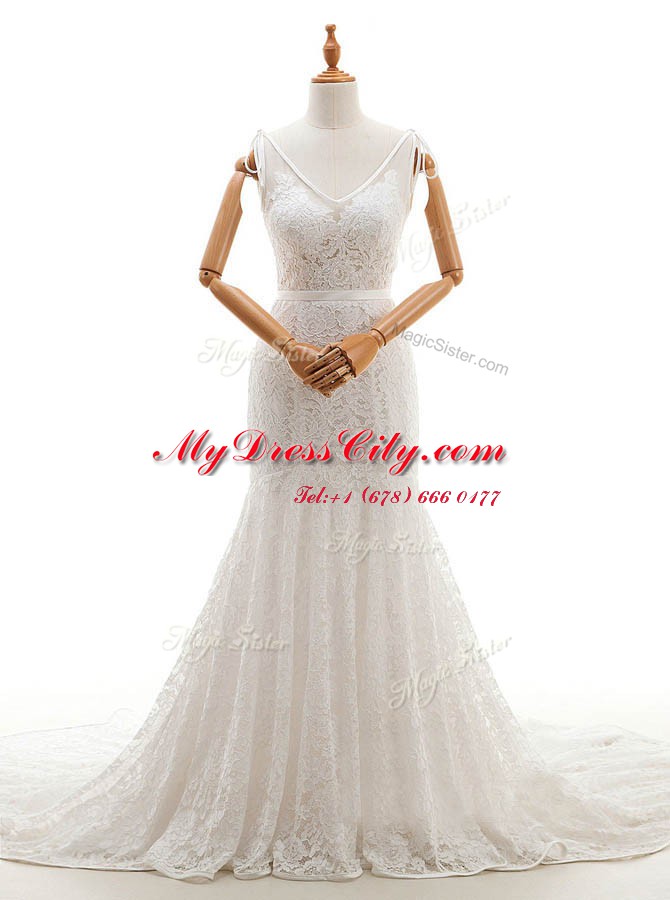 Admirable Mermaid With Train Backless Wedding Gown White for Wedding Party with Lace Chapel Train