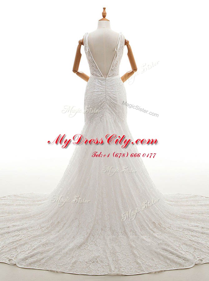 Admirable Mermaid With Train Backless Wedding Gown White for Wedding Party with Lace Chapel Train