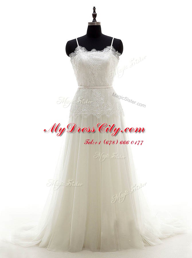 Hot Selling Sleeveless Tulle With Brush Train Zipper Wedding Dress in White with Lace