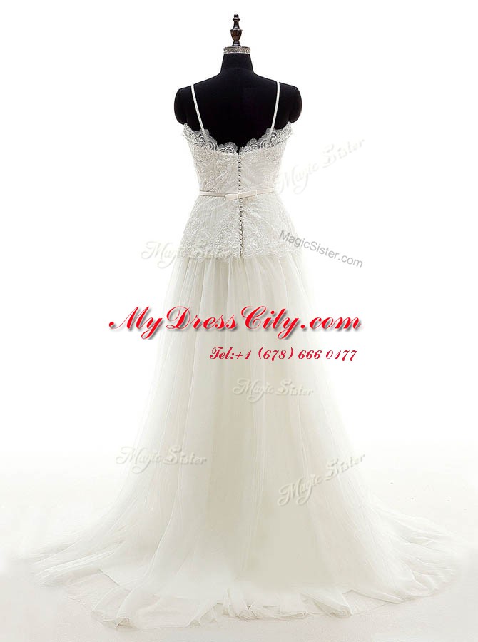 Hot Selling Sleeveless Tulle With Brush Train Zipper Wedding Dress in White with Lace