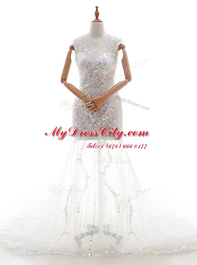 Super White Column/Sheath Tulle V-neck Sleeveless Beading and Sequins With Train Zipper Wedding Gowns Court Train