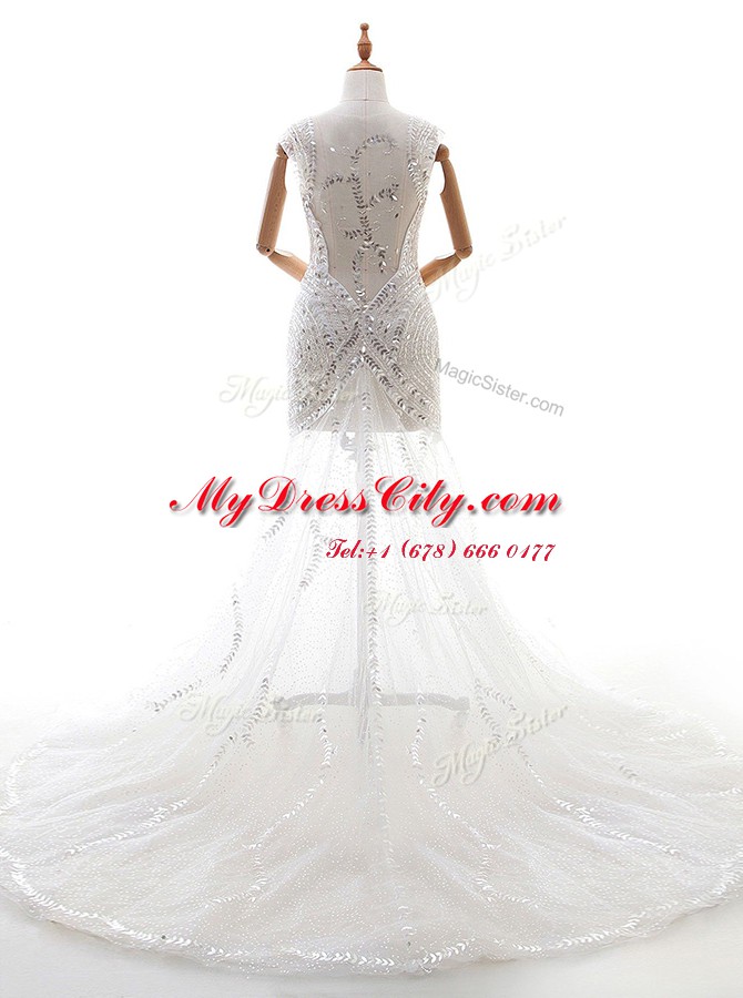 Super White Column/Sheath Tulle V-neck Sleeveless Beading and Sequins With Train Zipper Wedding Gowns Court Train