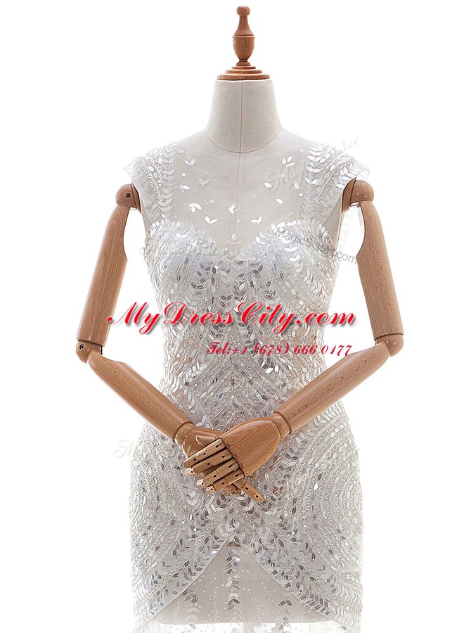 Super White Column/Sheath Tulle V-neck Sleeveless Beading and Sequins With Train Zipper Wedding Gowns Court Train