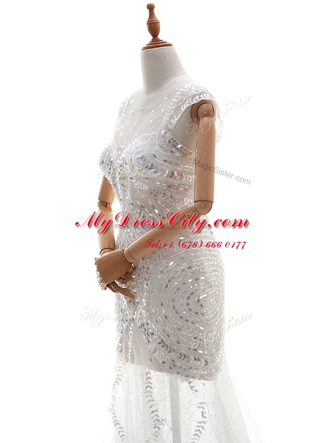 Super White Column/Sheath Tulle V-neck Sleeveless Beading and Sequins With Train Zipper Wedding Gowns Court Train