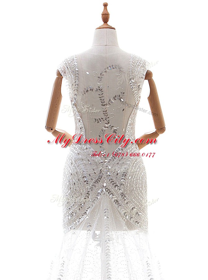 Super White Column/Sheath Tulle V-neck Sleeveless Beading and Sequins With Train Zipper Wedding Gowns Court Train