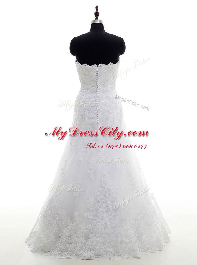 Customized Floor Length Clasp Handle Wedding Gowns White for Wedding Party with Lace