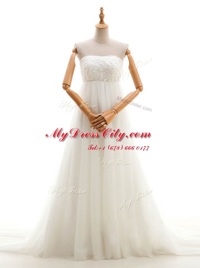 Strapless Sleeveless Tulle Wedding Dress Lace Court Train Zipper