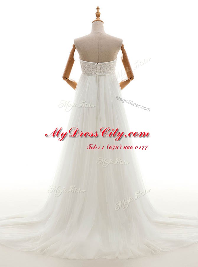 Strapless Sleeveless Tulle Wedding Dress Lace Court Train Zipper