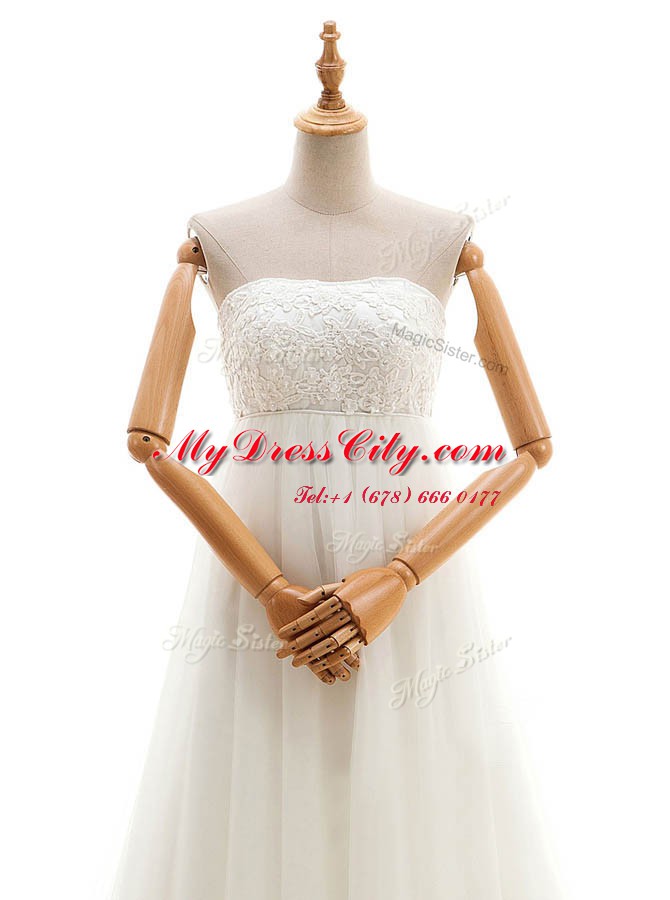 Strapless Sleeveless Tulle Wedding Dress Lace Court Train Zipper