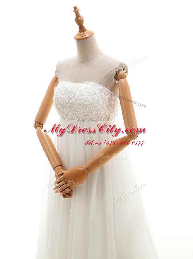 Strapless Sleeveless Tulle Wedding Dress Lace Court Train Zipper