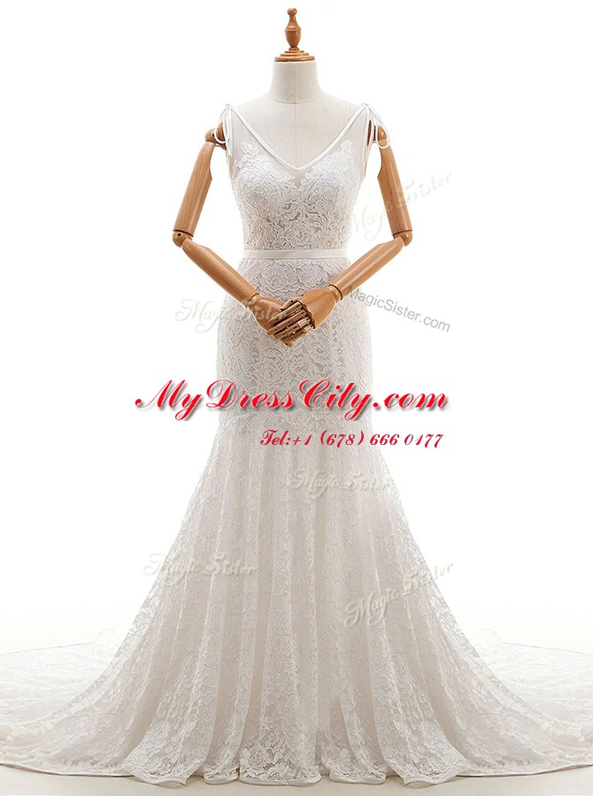 White Mermaid Lace Wedding Gowns Backless Lace Sleeveless With Train