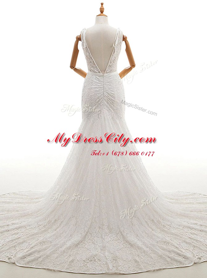 White Mermaid Lace Wedding Gowns Backless Lace Sleeveless With Train