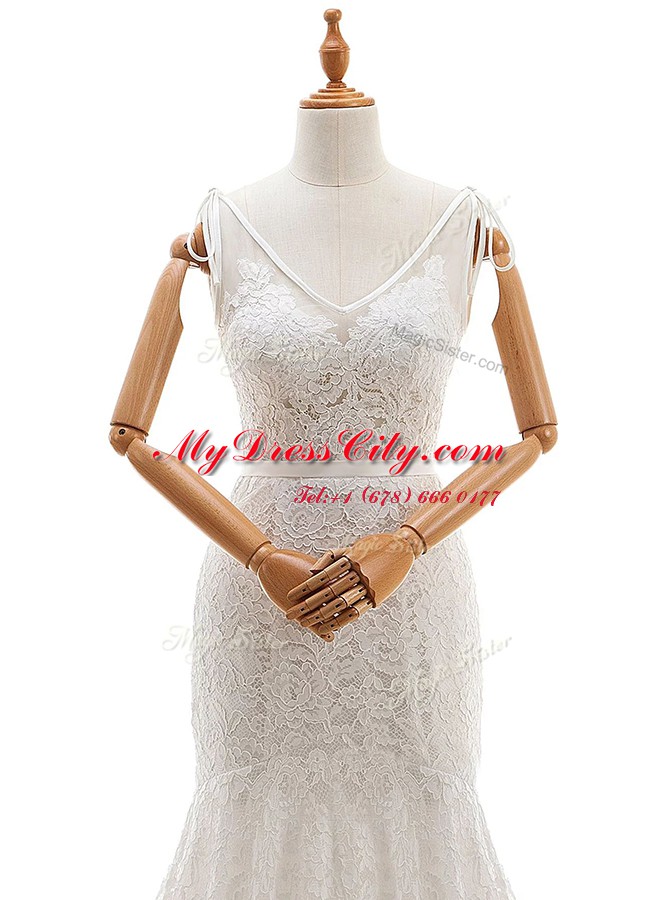 White Mermaid Lace Wedding Gowns Backless Lace Sleeveless With Train