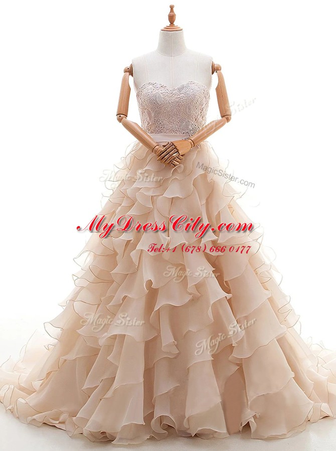 Peach Ball Gowns Organza Sweetheart Sleeveless Lace and Ruffled Layers With Train Lace Up Wedding Dress Brush Train