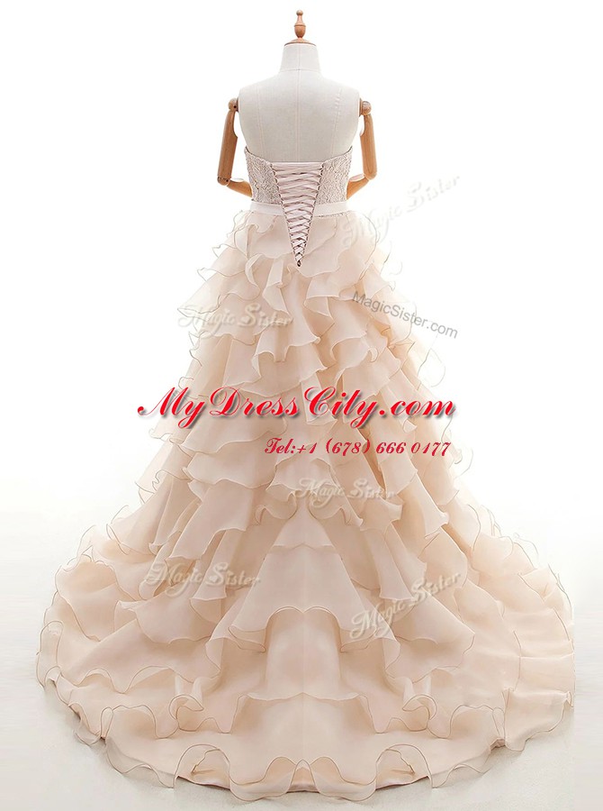 Peach Ball Gowns Organza Sweetheart Sleeveless Lace and Ruffled Layers With Train Lace Up Wedding Dress Brush Train