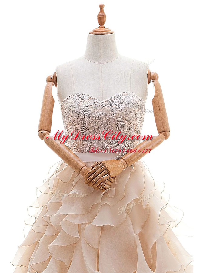 Peach Ball Gowns Organza Sweetheart Sleeveless Lace and Ruffled Layers With Train Lace Up Wedding Dress Brush Train