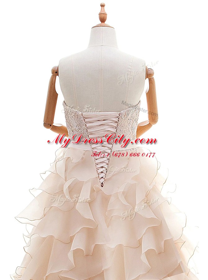 Peach Ball Gowns Organza Sweetheart Sleeveless Lace and Ruffled Layers With Train Lace Up Wedding Dress Brush Train