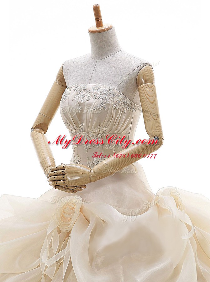 Fabulous Champagne Lace Up Wedding Gown Appliques and Ruffled Layers and Pick Ups and Hand Made Flower Sleeveless Floor Length