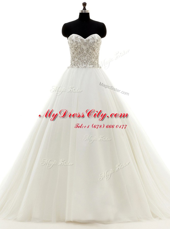 Modest White Clasp Handle Sweetheart Beading Wedding Gown Organza Sleeveless Brush Train