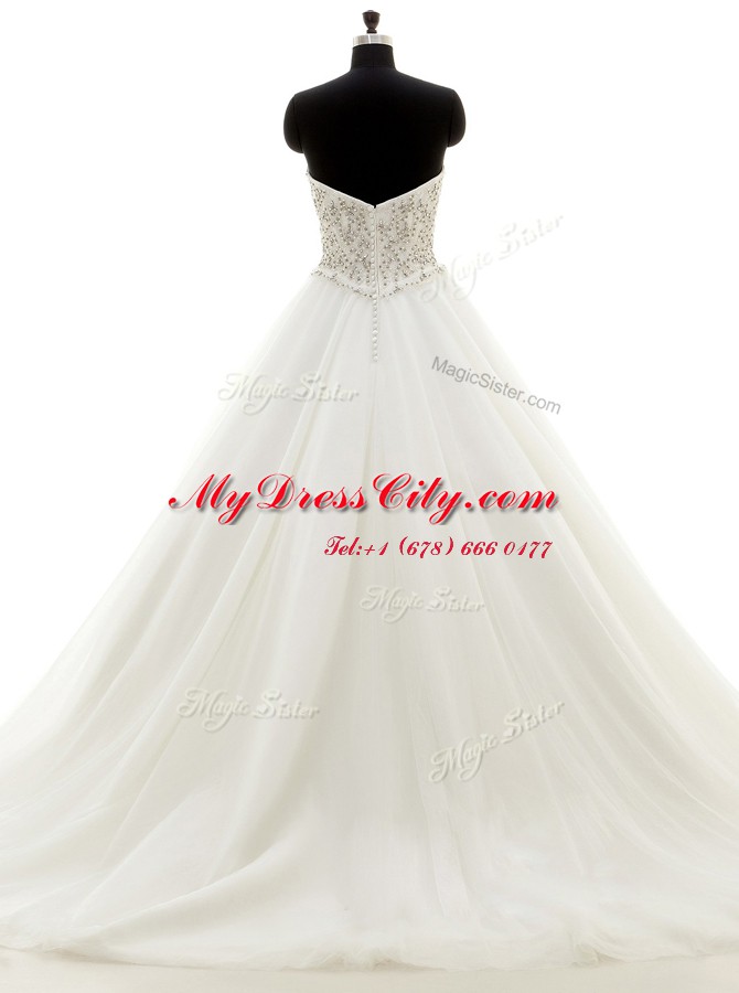 Modest White Clasp Handle Sweetheart Beading Wedding Gown Organza Sleeveless Brush Train