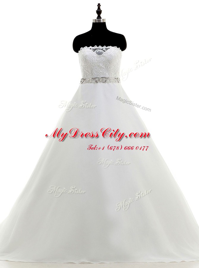 High Quality White A-line Beading and Lace Wedding Dresses Backless Organza Sleeveless With Train