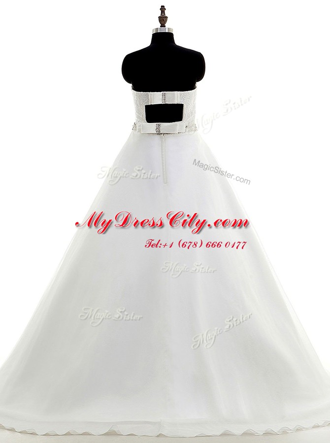 High Quality White A-line Beading and Lace Wedding Dresses Backless Organza Sleeveless With Train