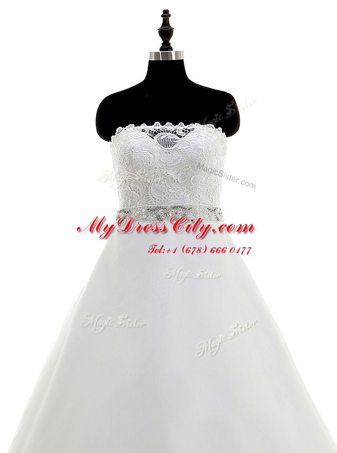 High Quality White A-line Beading and Lace Wedding Dresses Backless Organza Sleeveless With Train