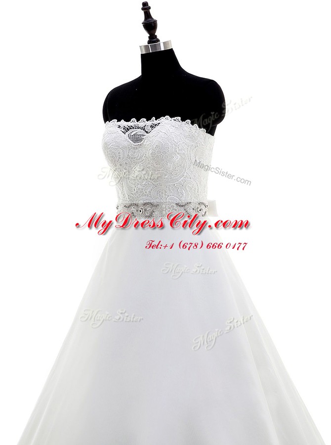 High Quality White A-line Beading and Lace Wedding Dresses Backless Organza Sleeveless With Train