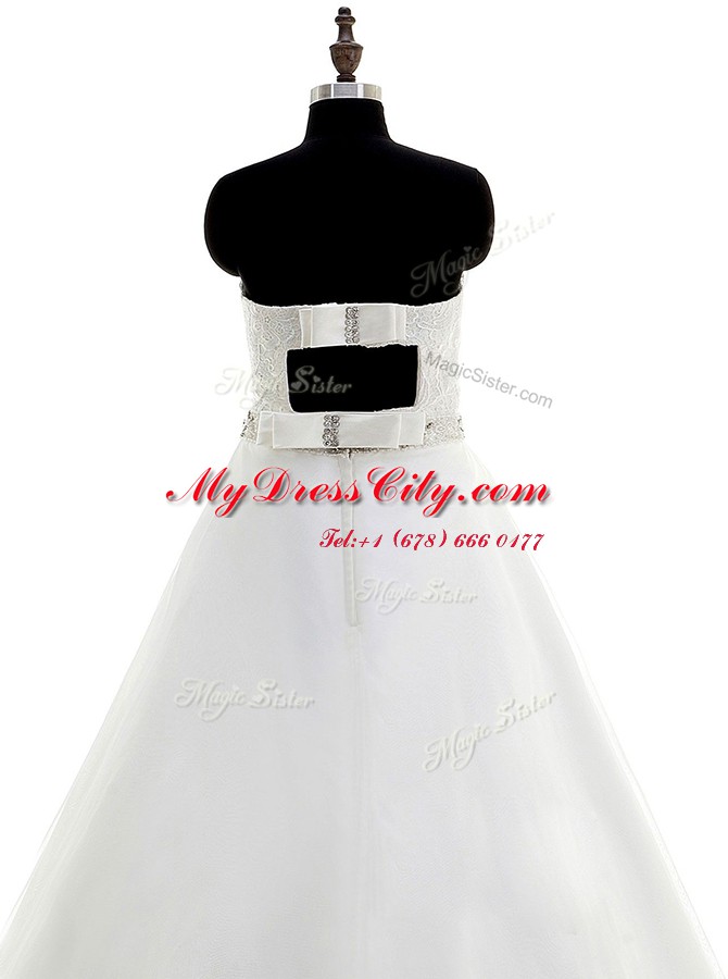 High Quality White A-line Beading and Lace Wedding Dresses Backless Organza Sleeveless With Train