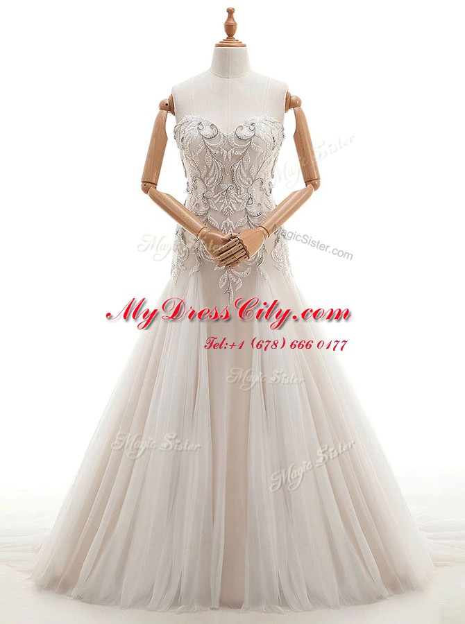 White Sweetheart Neckline Beading Wedding Dresses Sleeveless Lace Up