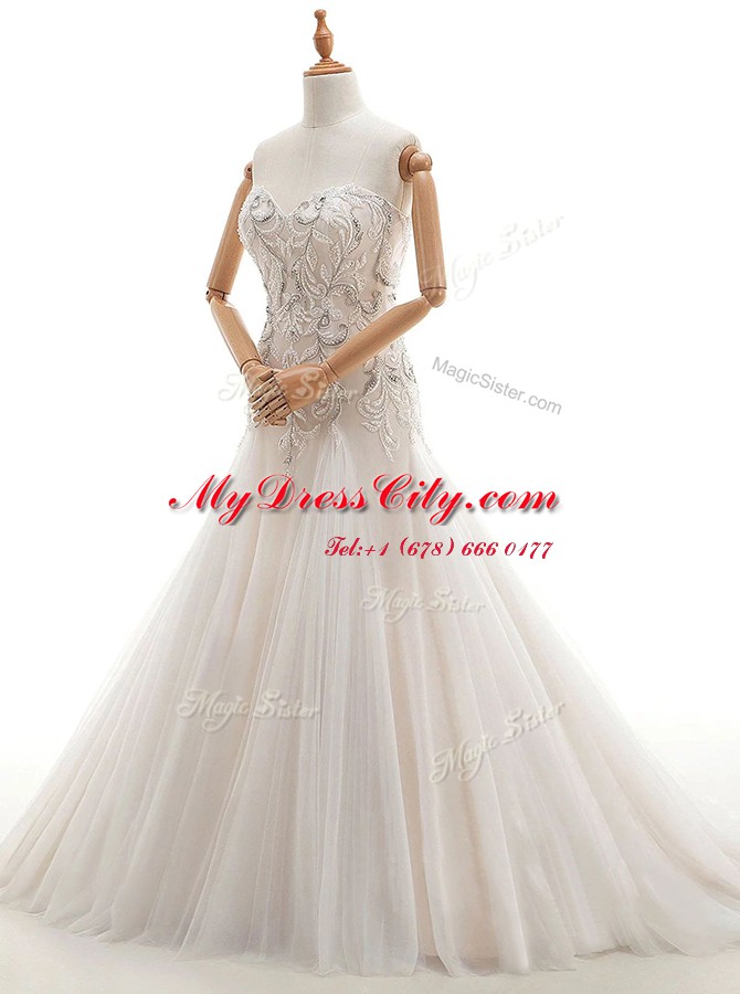 White Sweetheart Neckline Beading Wedding Dresses Sleeveless Lace Up