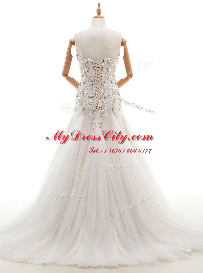 White Sweetheart Neckline Beading Wedding Dresses Sleeveless Lace Up