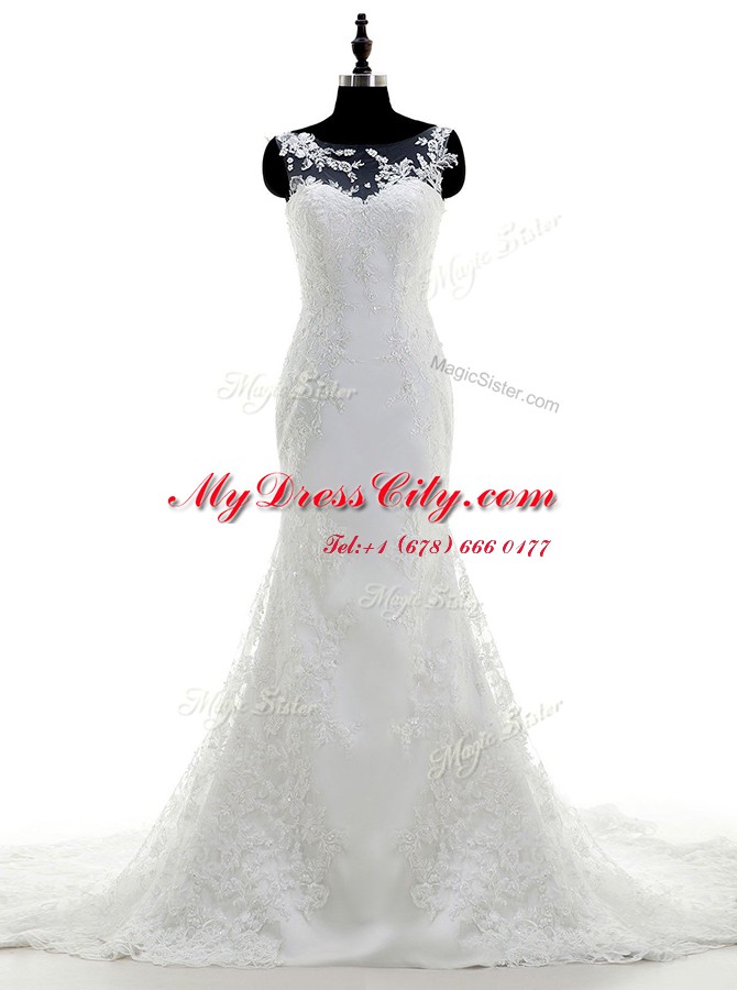 Graceful Scoop White Organza and Lace Zipper Wedding Gowns Sleeveless With Brush Train Appliques